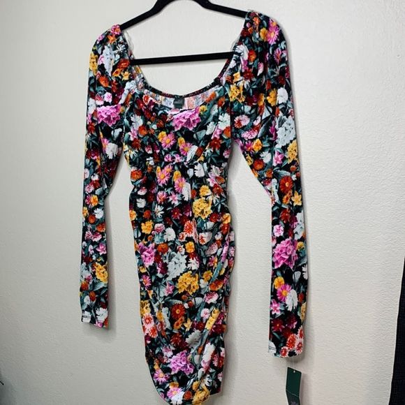 Wild Fable Velvet Floral Mini Dress New Small Ruched Long Sleeve - Picture 2 of 12
